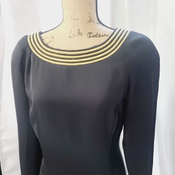 Vintage 80s Patricia Magali Black Metallic Gold Structured Long Sleeve Dress - Picture 3 of 17